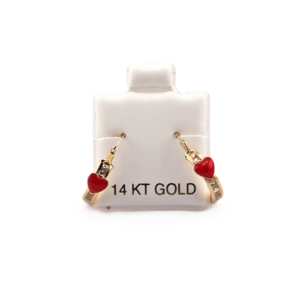 14K Solid Yellow Gold Hoop Red Enamel Heart CZ Crystal Accents Earrings